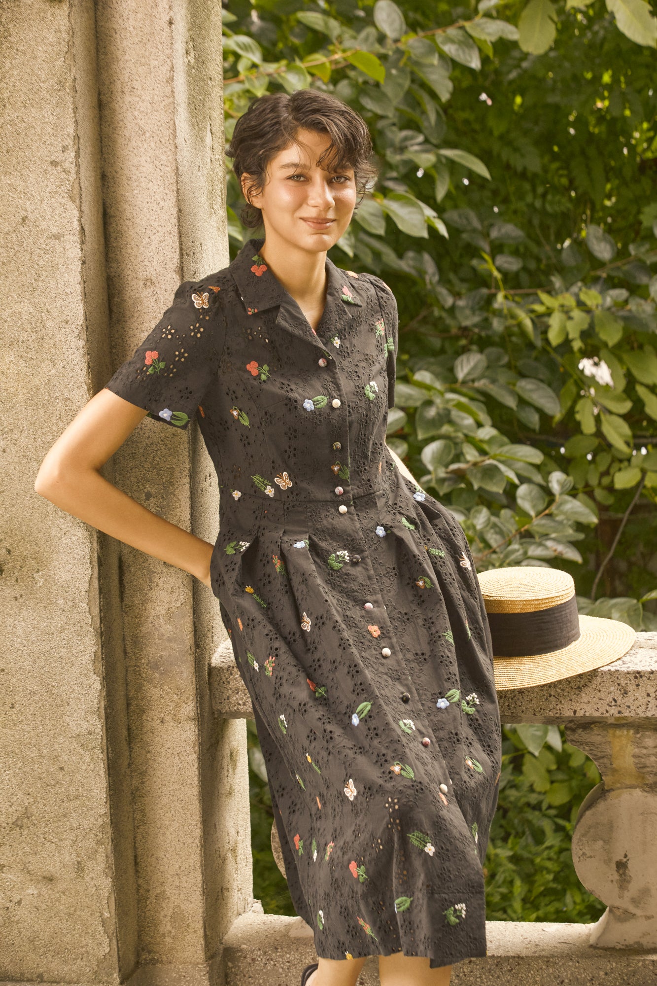 Cotton fabric embroidery sports collar dress