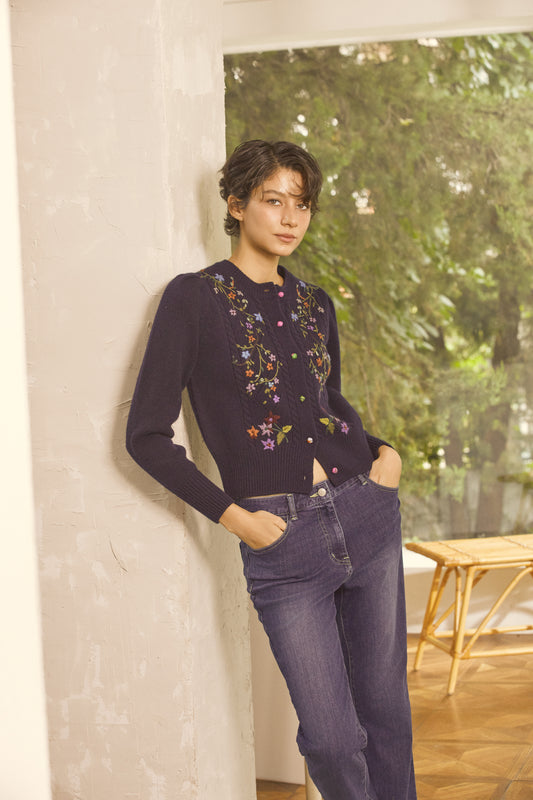 Puff sleeve diamond shaped embroidery cardigan