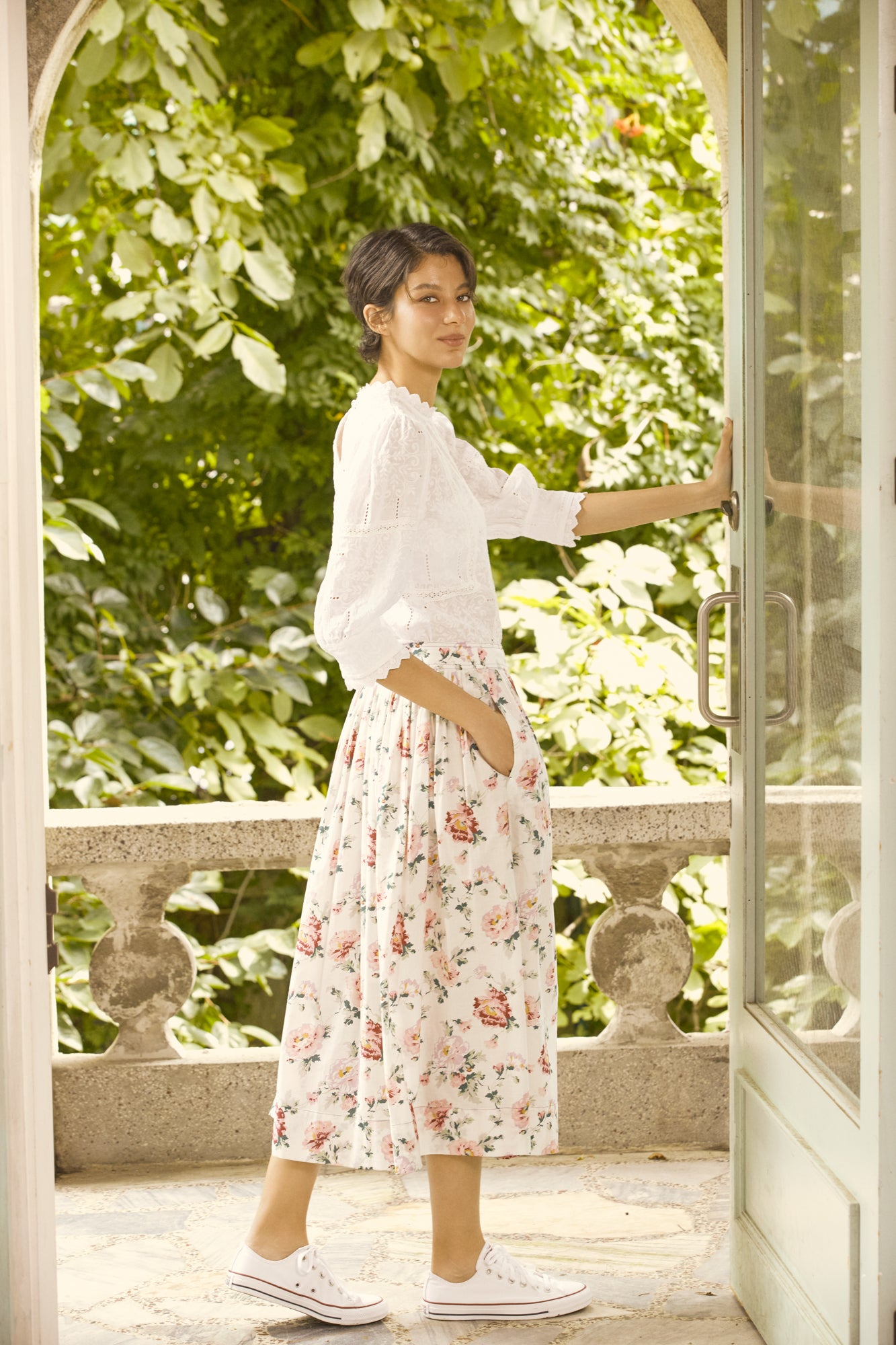 Cotton floral button gather skirt