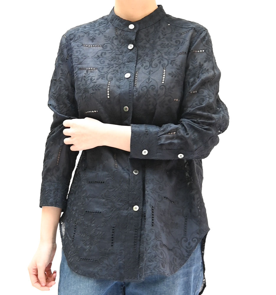 Lamy fabric embroidery collarless blouse